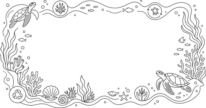 Marine Life and Ocean Conservation Line Art Frame with Sea Turtles and Coral