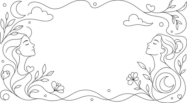 Feminine Dreamy Line Art Frame with Women Profiles, Moon, and Botanical Elements