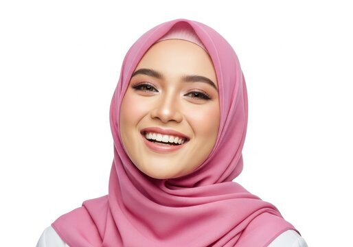 Young muslim woman smiling wearing pink hijab isolated on transparent background for beauty and fashion