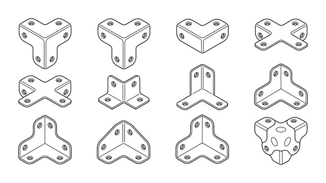 Industrial corner bracket collection for architectural furniture.