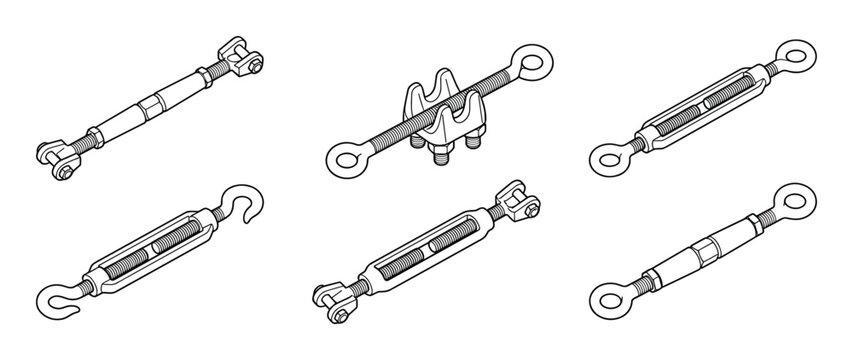 Rigging turnbuckle and wire rope clip set for tensioning systems.