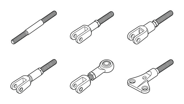 Set of line art metal connection parts for industrial purposes.