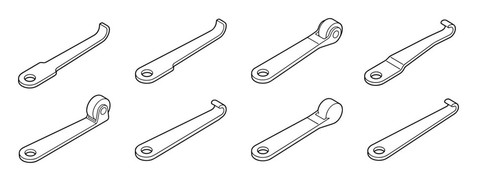 Set of line art metal levers for mechanical and industrial purposes.