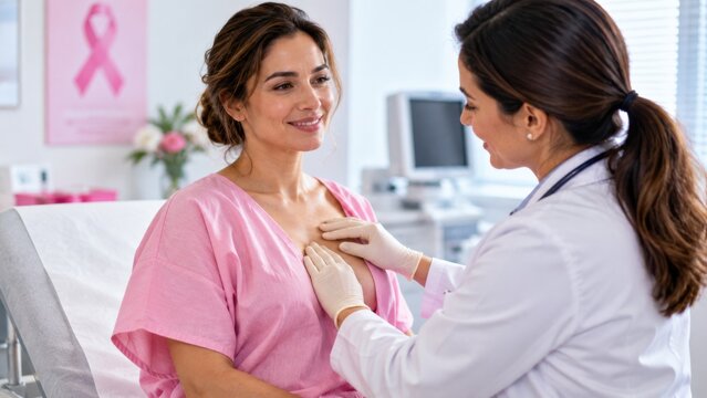 Friendly female doctor wearing white coat performs manual breast examination on female patient in clinic.