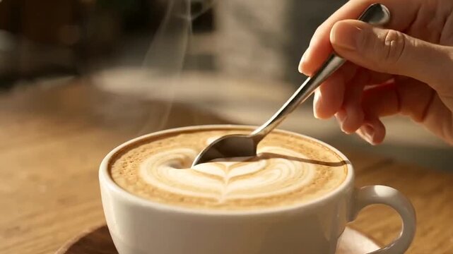 Barista Creating Latte Art in Fresh Cappuccino Coffee