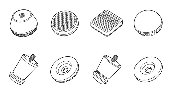 Industrial isometric rubber feet and furniture leg accessories outline set.