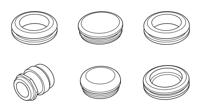 Isometric mechanical rubber rings and washers outline vector design set.