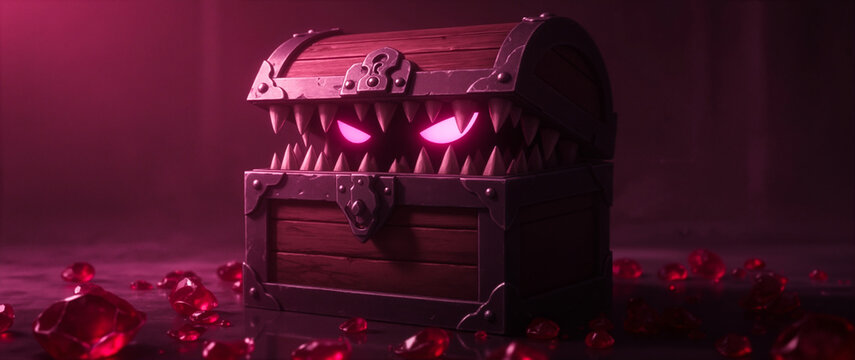 A menacing, anthropomorphic treasure chest with glowing pink eyes