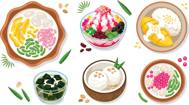 Traditional Southeast Asian dessert vector set featuring mango sticky rice, es campur, coconut ice cream, and cendol over white.