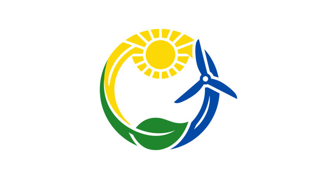 Circular renewable energy icon with sun wind turbine and leaf transforming into curved sustainable ecology logo