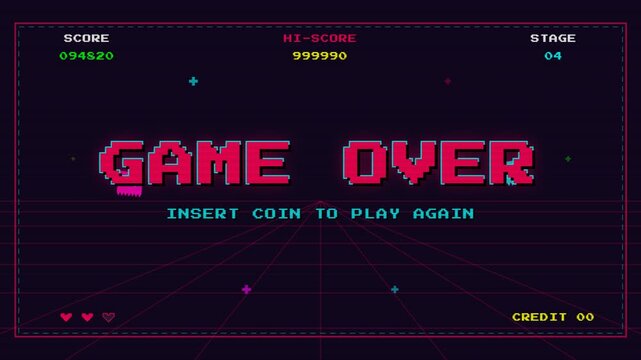 Retro arcade game over screen with pixel graphics and neon grid