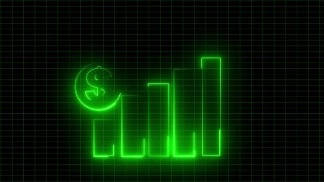 Bar chart glows with green neon light to signify positive financial success on a dark digital grid background for business presentations and corporate data analysis strategies for investment firm.