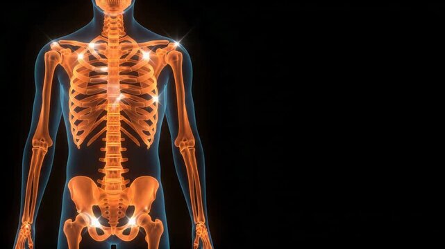 3D animation of a glowing blue human skeleton torso and ribcage on a dark background.