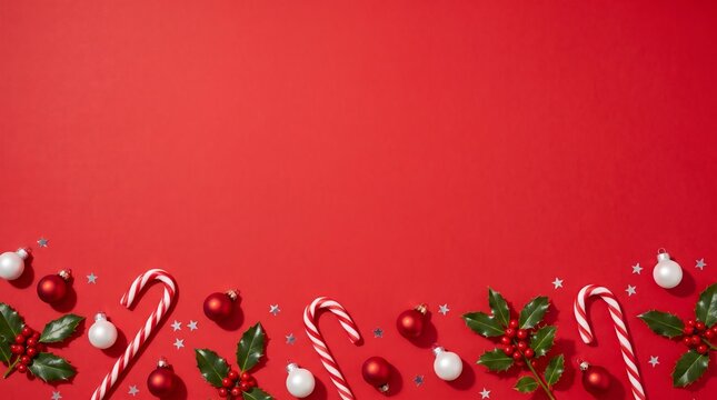 Red Christmas background with candy canes, baubles and holly border