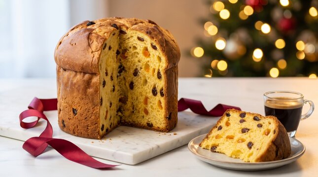 Italian panettone Christmas cake sliced on marble with espresso