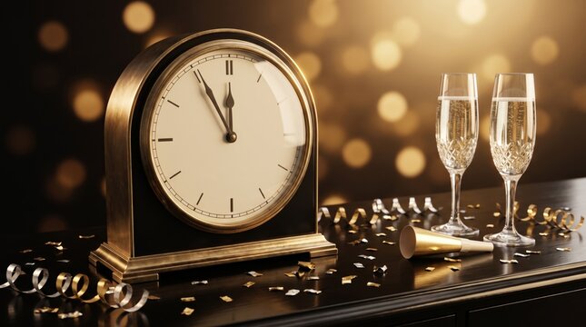 Clock nearly at midnight with champagne and confetti for New Year's Eve countdown