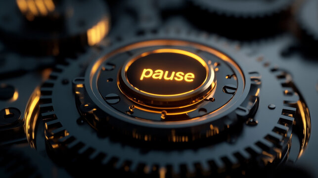 Close up of a glowing golden pause button surrounded by intricate mechanical gears