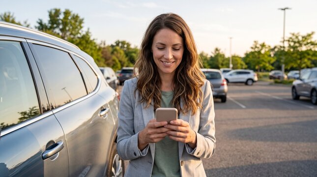 Smiling Woman Using Smartphone in Parking Lot