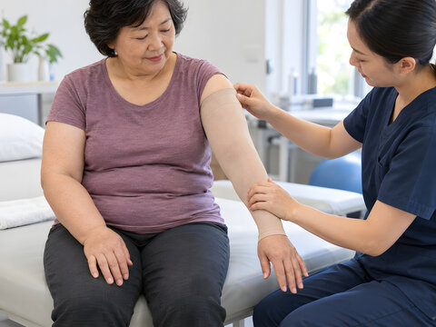 Therapist fitting a graduated compression sleeve on an older Asian woman for long term upper limb lymphedema management