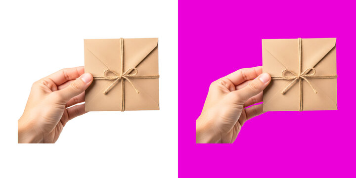 Hands holding tied brown kraft paper envelopes transparent png