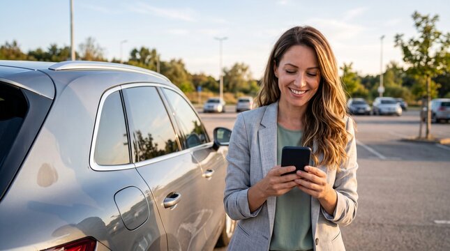 Smiling Woman Using Smartphone Next to Her Car in a Parking Lot at Golden Hour
