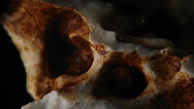 close-up Textured old animal bone fragment surface getting wet by heavy rain and clear raindrops. Horizontal Video