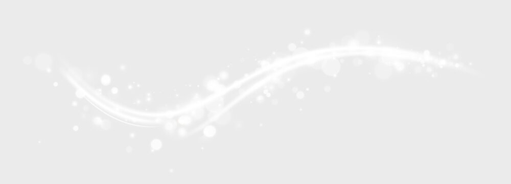 Flowing white light trail with sparkle dust and bokeh. Glowing magic wave effect isolated on transparent background. Abstract glowing motion overlay design
