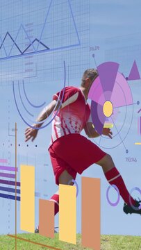 Vertical video: Soccer player nearing ball, planting and kicking while sports analytics showing arc