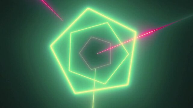 Neon Pentagonal Tunnel With Glowing Pink And Green Light Trails On A Dark Background