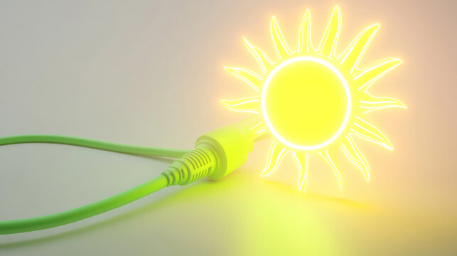 Green power plug connected to a glowing sun representing clean and renewable energy concept