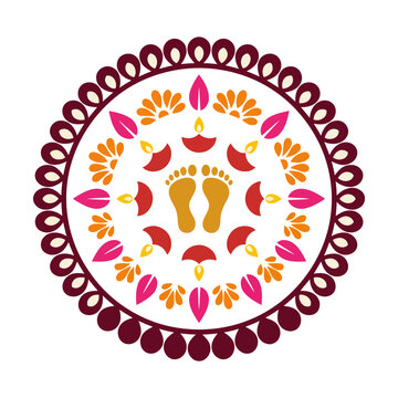 Colorful diwali rangoli design with traditional lotus flowers and goddess lakshmi footprints for festival Vector