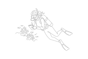 Fototapeta premium Scuba diver observing coral reef continuous line art drawing.