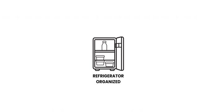 Minimalistic line art icon depicting a wellorganized refrigerator with food containers and bottles on a white background. Suitable for kitchenrelated designs.