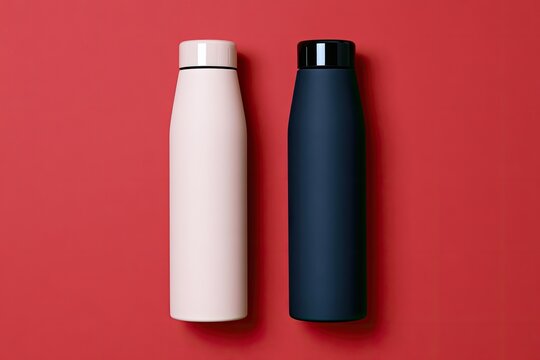Two minimalist matte reusable bottles, one light pink, one dark blue, against red