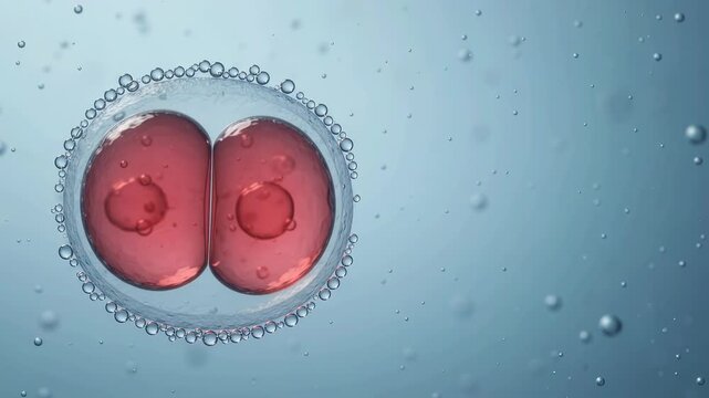 3D medical animation footage showing a single sperm cell swimming toward a human egg cell for fertilization in a microscopic blue environment.