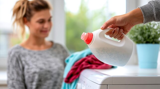 A woman pouring liquid detergent while doing laundry in her bright and airy home, showcasing an everyday household chore with a touch of domestic life comfort and productivity.