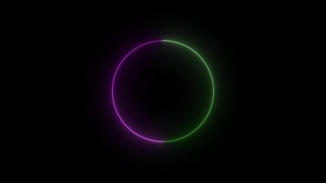 Loading circle graphic presents a glowing neon ring with split colors rotating smoothly against a black backdrop to indicate a buffering process or waiting state in a modern user interface design.