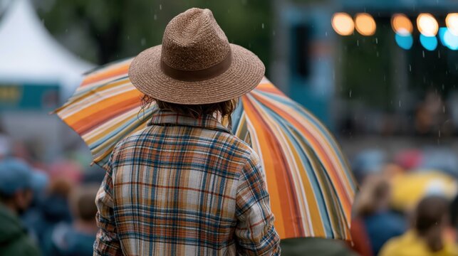 A contemplative figure shields themselves with a colorful umbrella at a rainy outdoor concert, capturing the essence of enjoying music despite challenging weather conditions.
