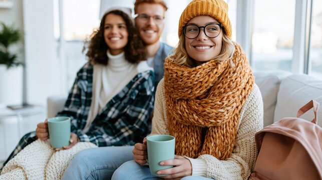 A group of friends relaxing on a couch, wrapped in scarves, holding warm cups, embodying the essence of comfort and companionship during colder seasons.