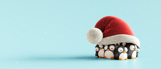 Obraz premium Penguin family under the Santa's hat on blue snowy background. Christmas togetherness concept with copy space. 3D Rendering, 3D Illustration