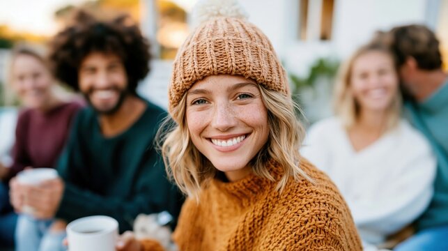 A cheerful woman wearing a stylish hat poses for the camera, surrounded by friends in a cozy outdoor setting, showcasing joy, friendship, and warm moments together.
