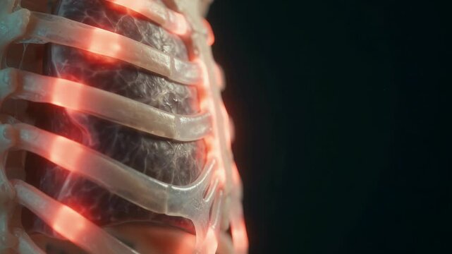 A close-up video of a detailed human anatomical model featuring the rib cage and lungs against a dark background.