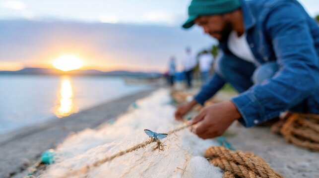 An engaged fisherman carefully untangles nets along the shore at sunset, embodying dedication and craftsmanship while highlighting the serene beauty of the ocean and twilight skies.