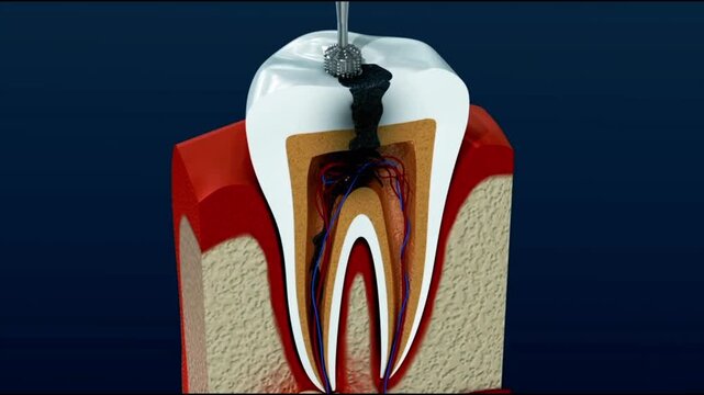 3D medical illustration of a human tooth with deep decay and root canal infection