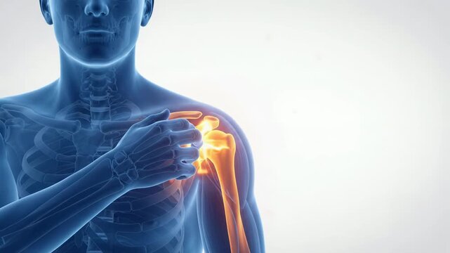 Medical illustration video of a human figure experiencing shoulder joint pain with the humerus and scapula highlighted in orange.