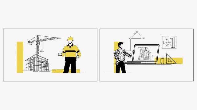 Construction and Architecture Design Pack with Builders, Tower Crane, Building Plans and Line Art Illustrations
