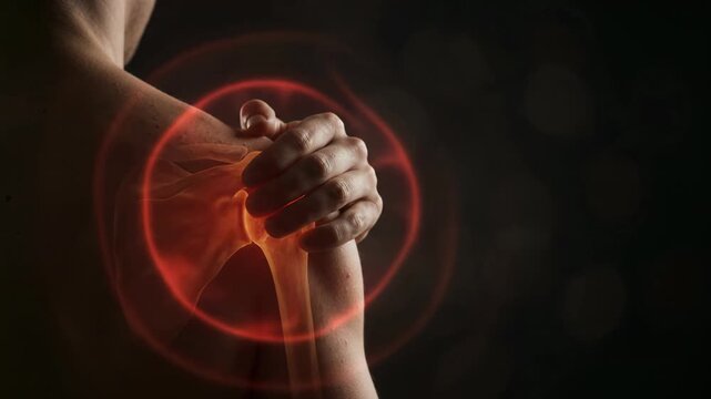 Close-up video of a man holding his painful shoulder with a glowing anatomical bone overlay against a dark background.