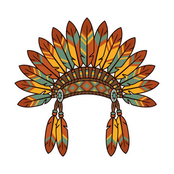 Colorful native american indian feathered war bonnet headdress with vibrant tribal patterns and decorative beads Vector