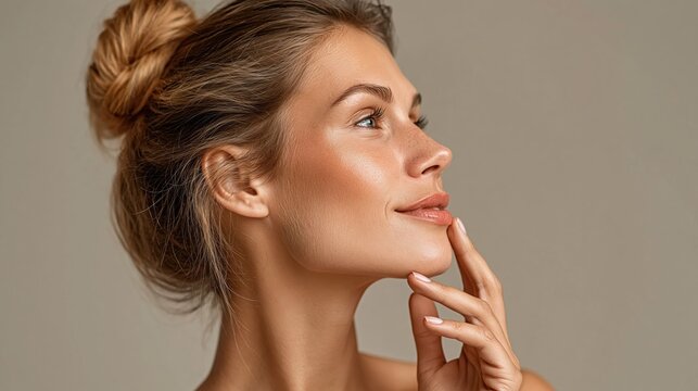 A stunning profile shot of a confident woman, showcasing her flawless skin and serene expression, embodying beauty and grace in an elegant, minimalist setting.