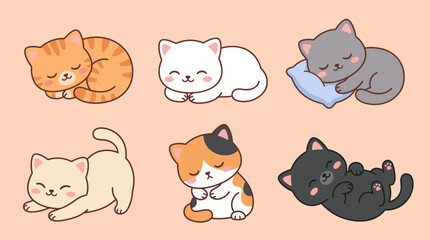 Obraz premium Adorable sleeping cats vector illustration set featuring various kitten breeds in cute poses isolated on soft pastel background graphic designs